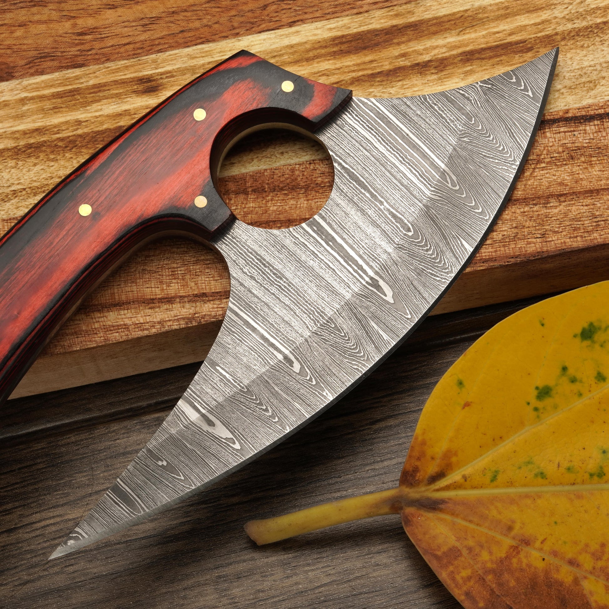 8” Damascus Ulu Knife - Stag Antler & Pakkawood Handle - Alaskan knife