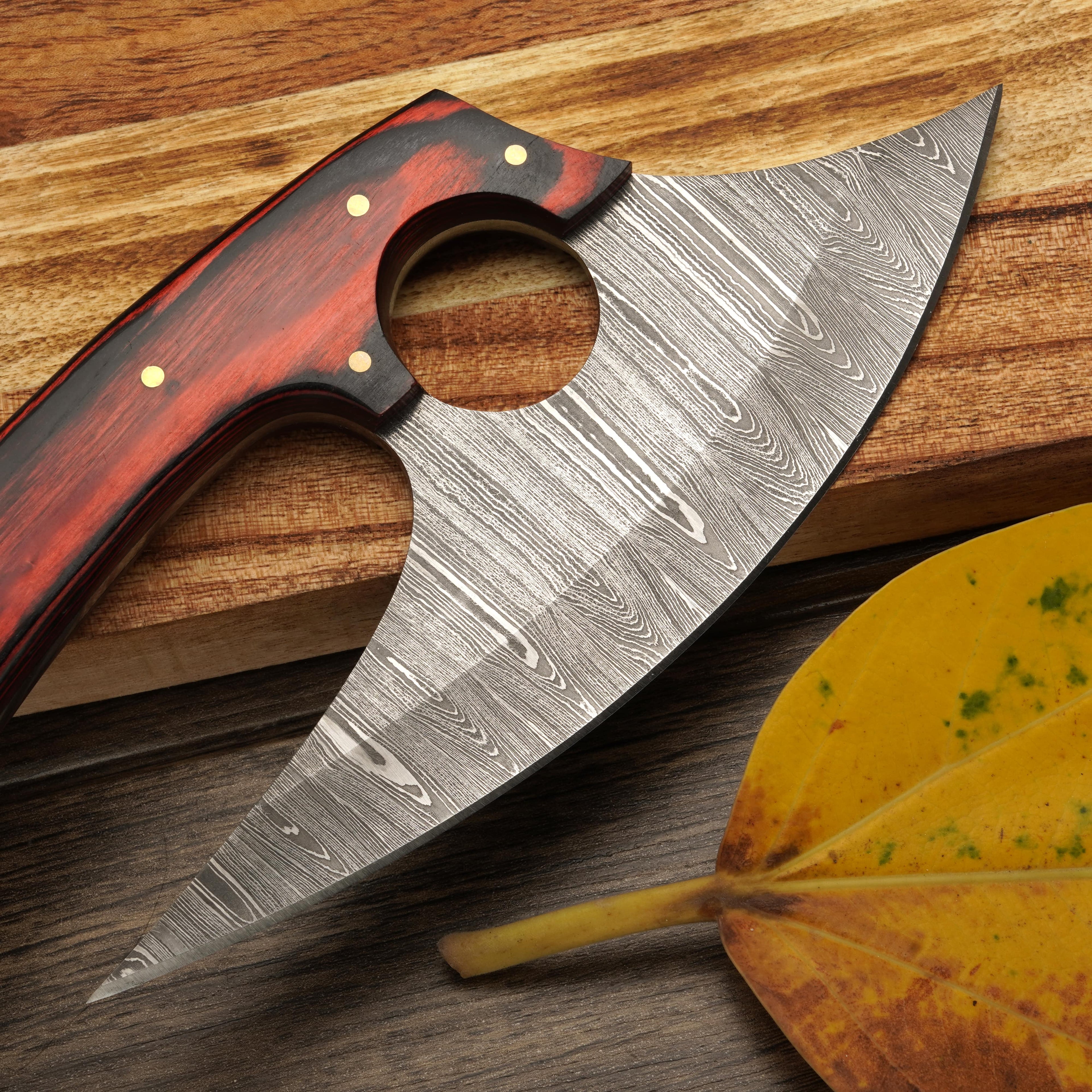 8” Damascus Ulu Knife - Stag Antler & Pakkawood Handle - Alaskan knife
