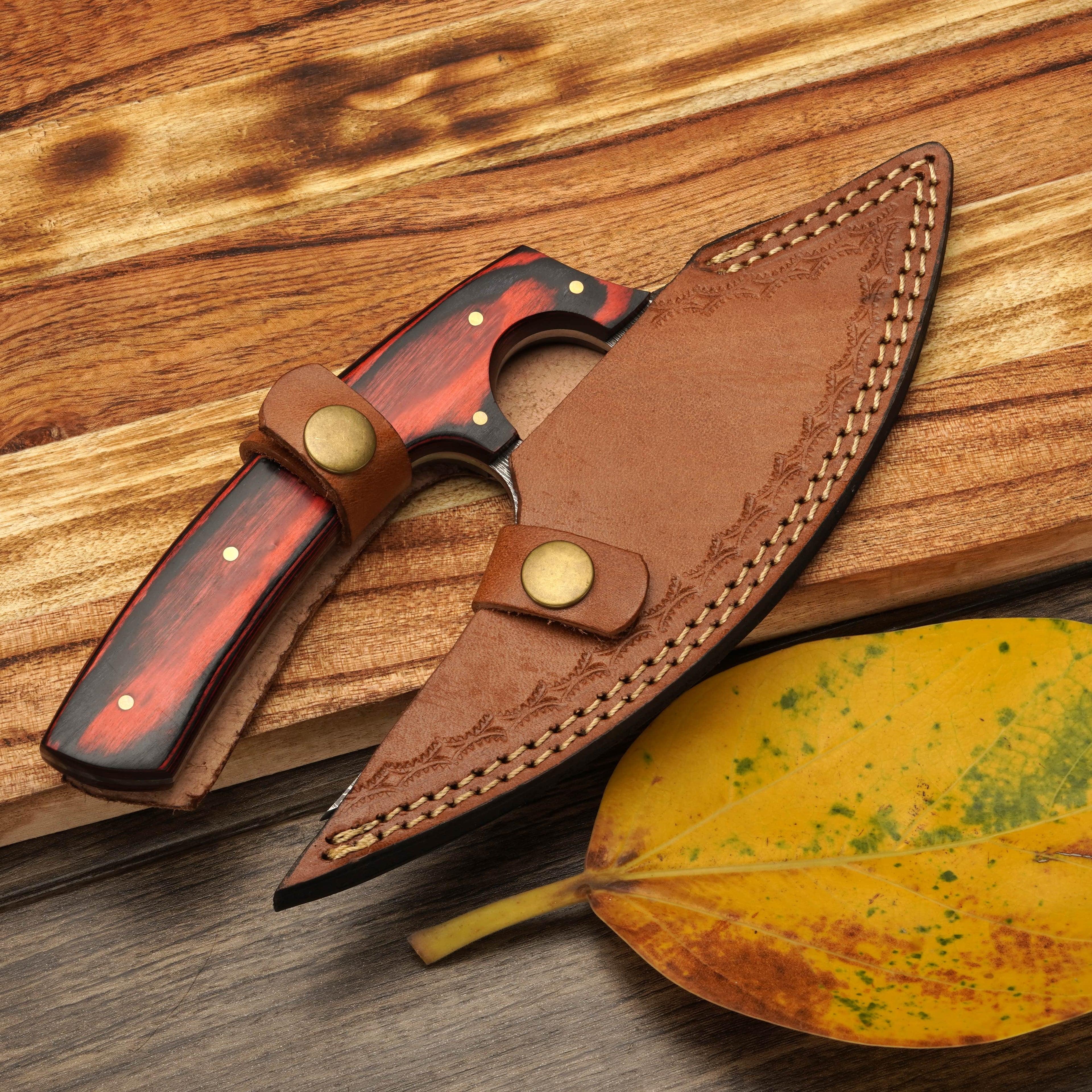 8” Damascus Ulu Knife - Stag Antler & Pakkawood Handle - Alaskan knife