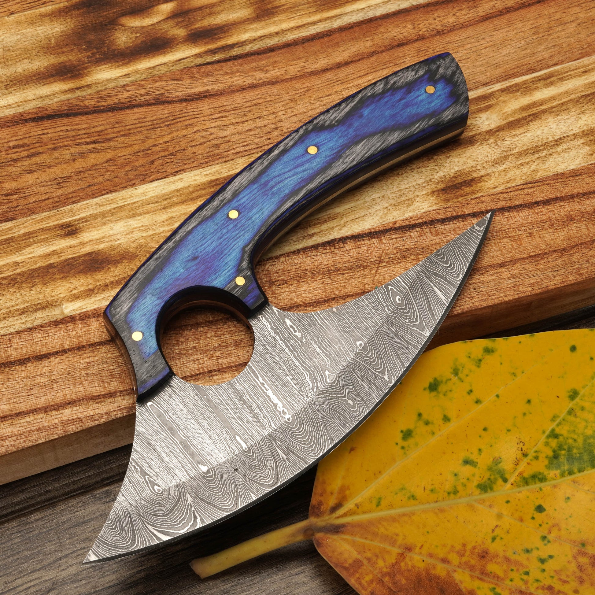 Handmade Forged Damascus Steel Ulu Knife - Stag Antler & Pakkawood Handle