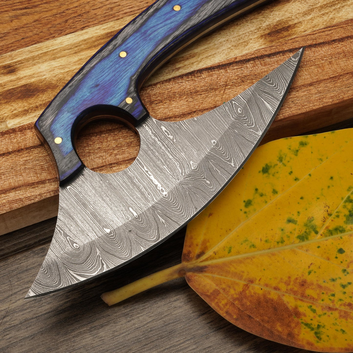 Handmade Forged Damascus Steel Ulu Knife - Stag Antler & Pakkawood Handle