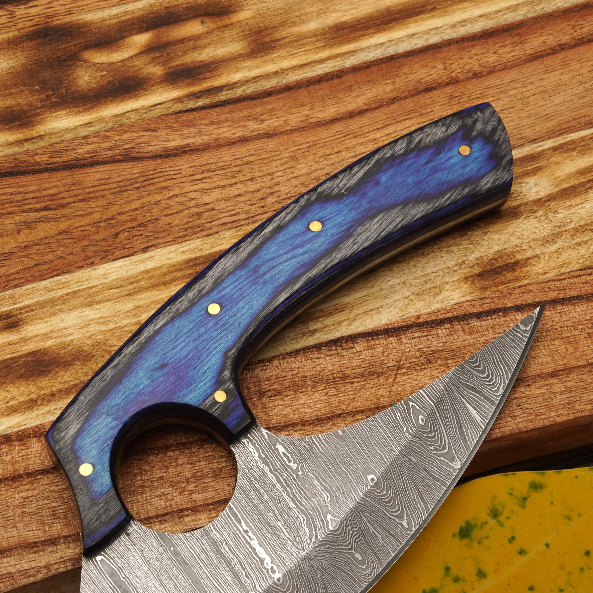 Handmade Forged Damascus Steel Ulu Knife - Stag Antler & Pakkawood Handle