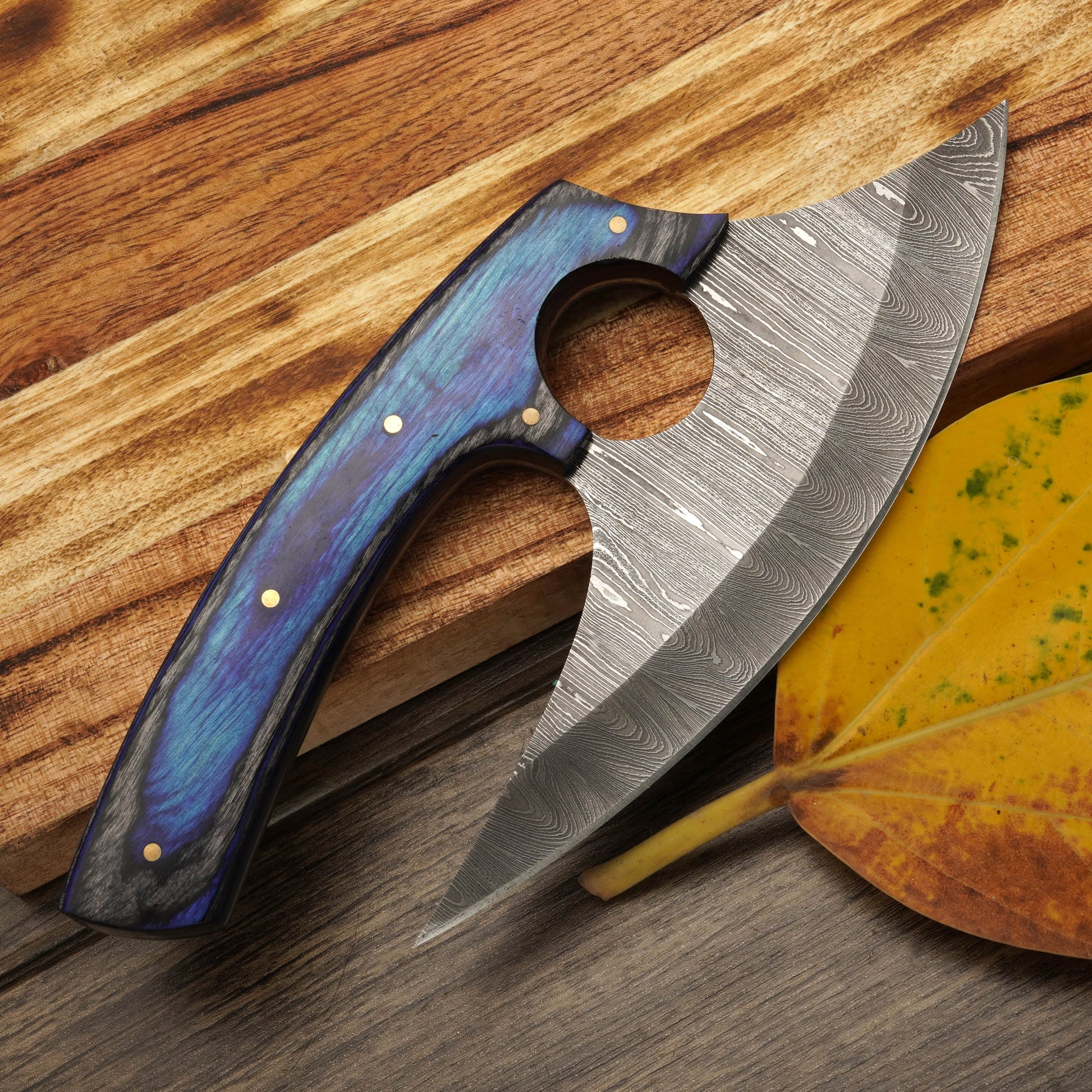 Handmade Forged Damascus Steel Ulu Knife - Stag Antler & Pakkawood Handle