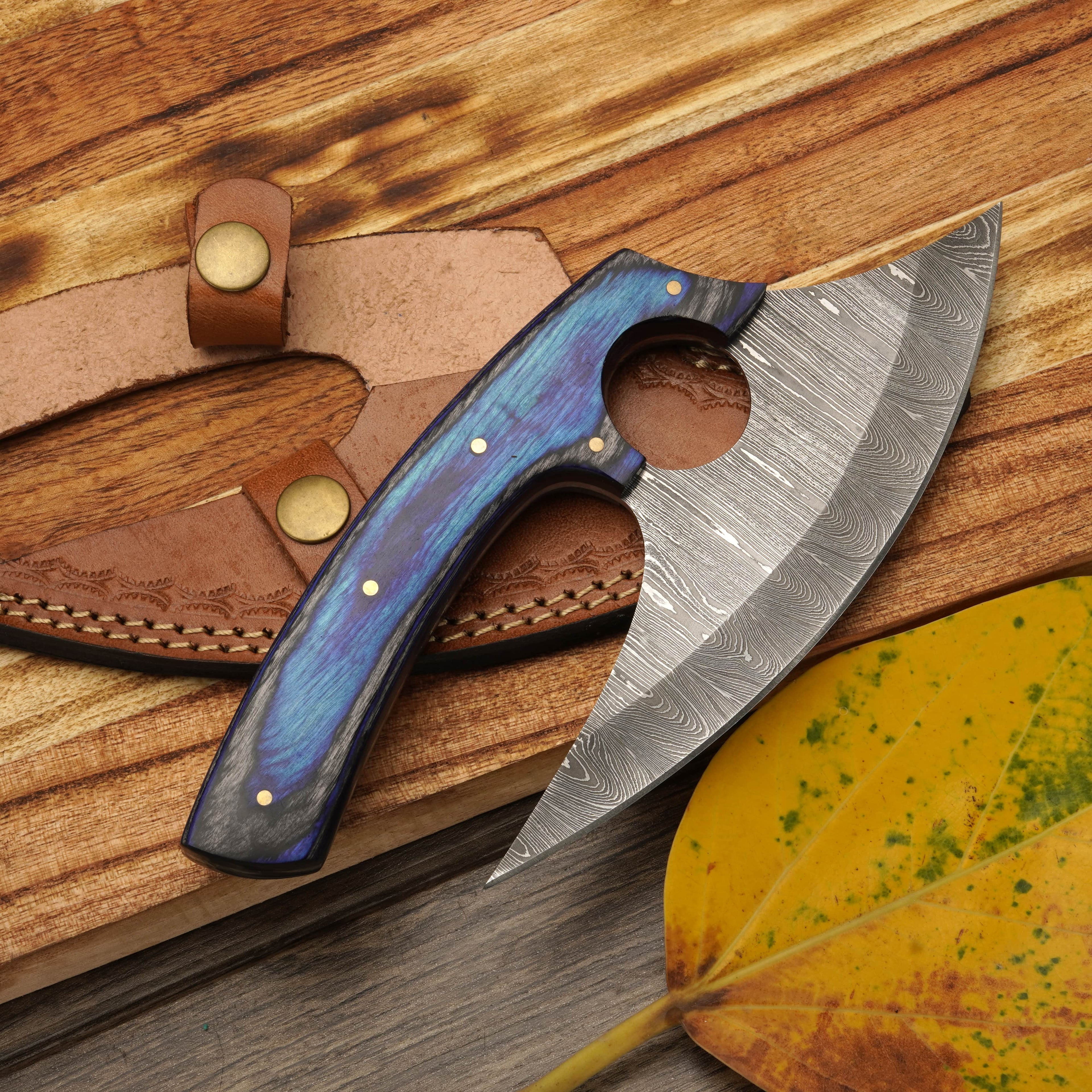 Handmade Forged Damascus Steel Ulu Knife - Stag Antler & Pakkawood Handle