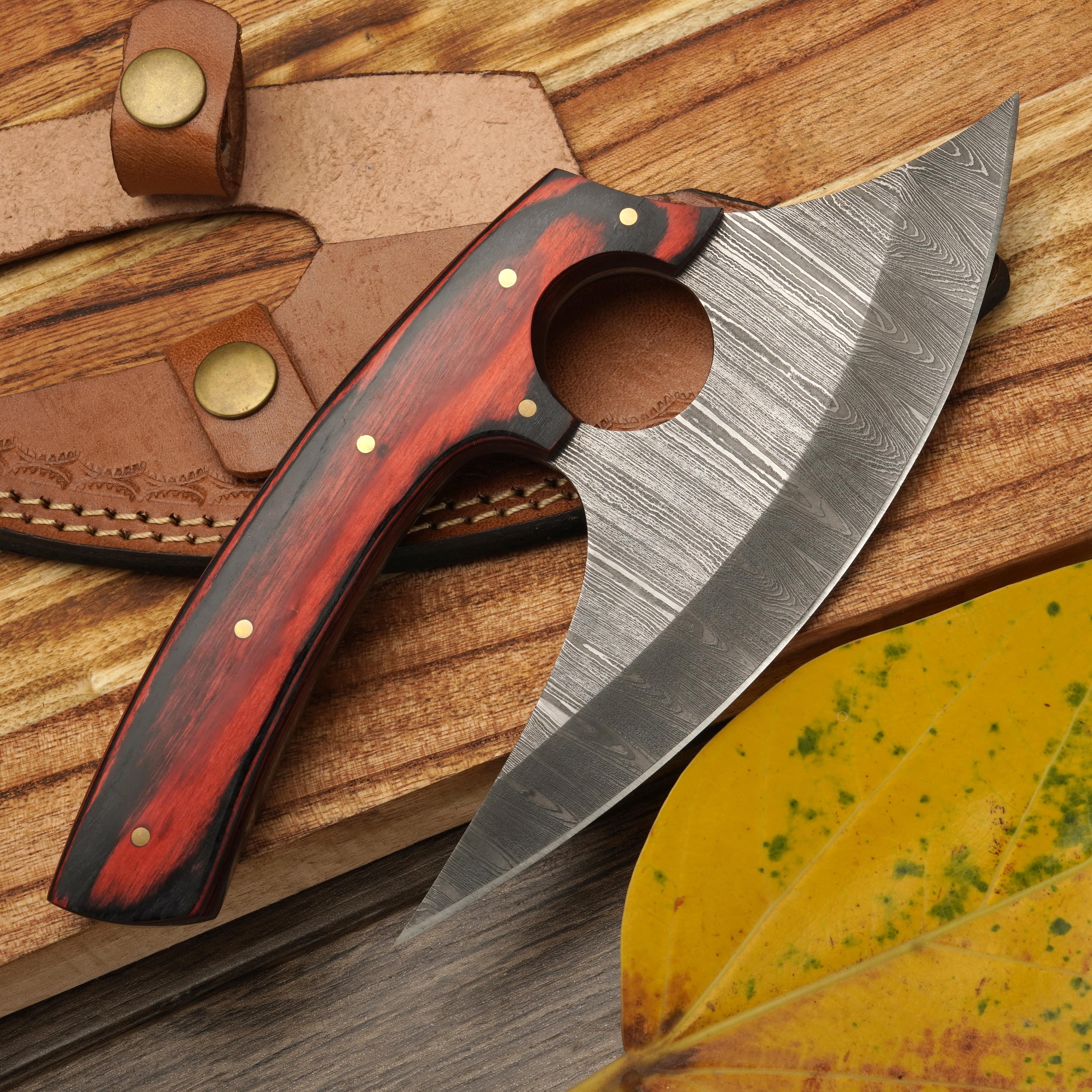 8” Damascus Ulu Knife - Stag Antler & Pakkawood Handle - Alaskan knife
