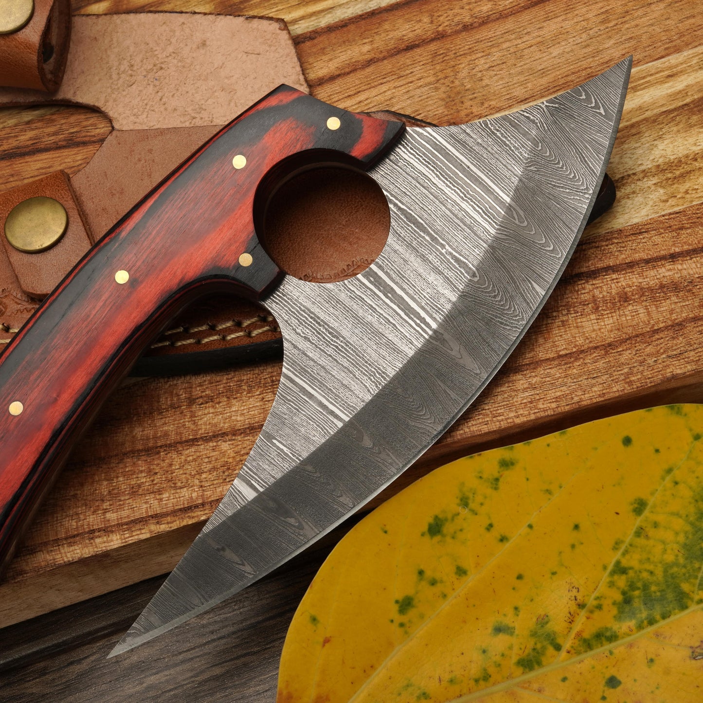 8” Damascus Ulu Knife - Stag Antler & Pakkawood Handle - Alaskan knife