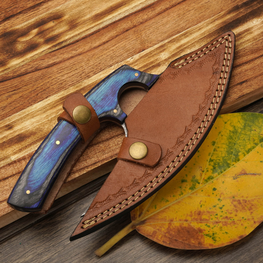 Handmade Forged Damascus Steel Ulu Knife - Stag Antler & Pakkawood Handle