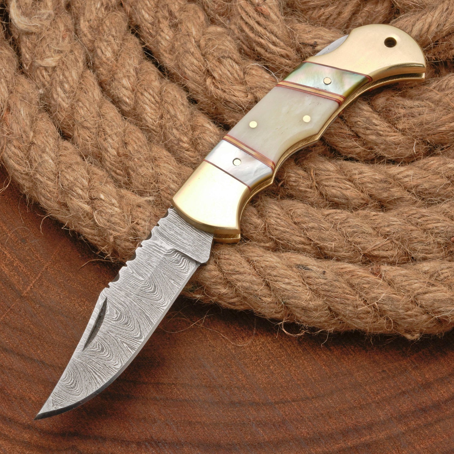 Handmade Damascus Steel Pocket Folding Knife With Real Pearl Bone And Pocket Clip