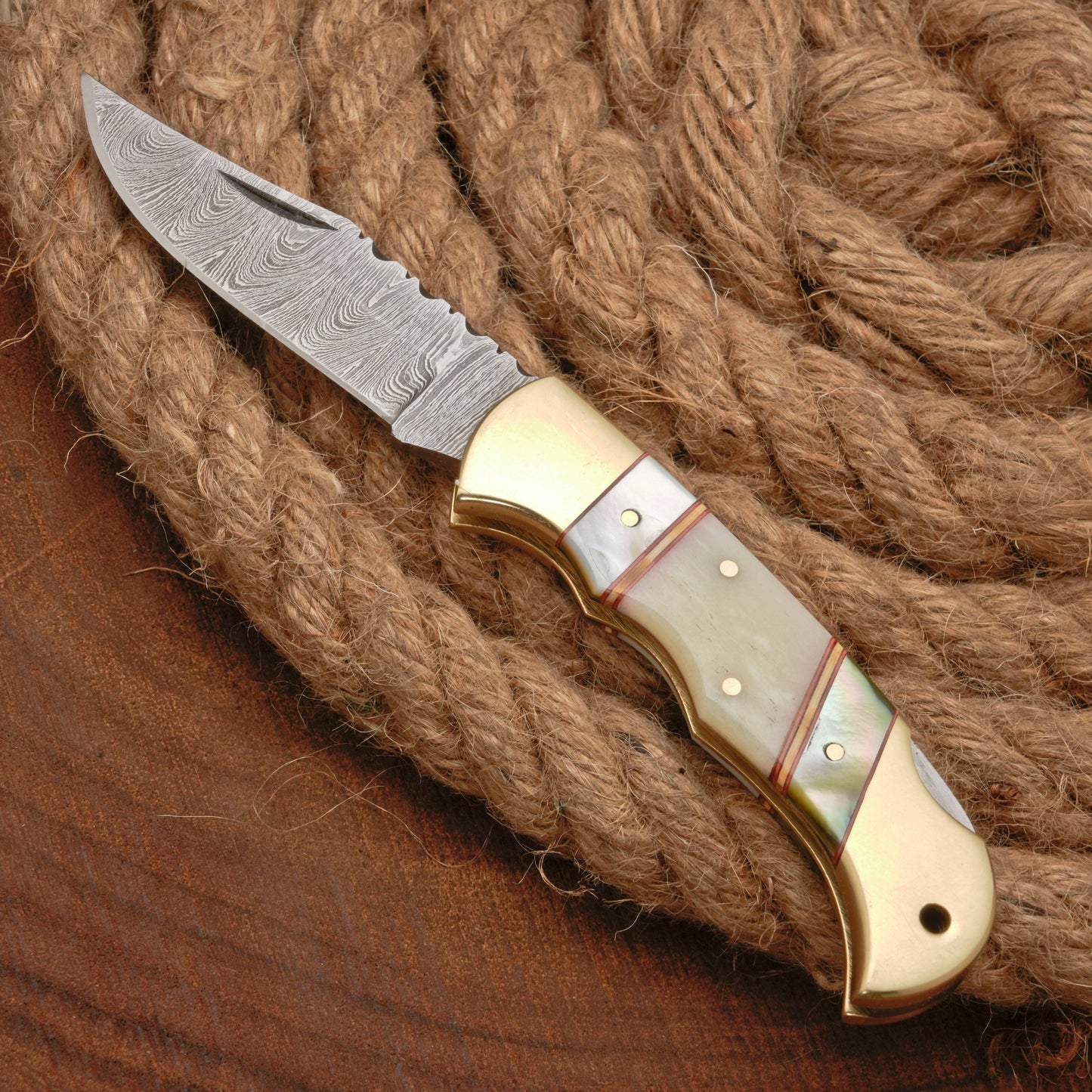 Handmade Damascus Steel Pocket Folding Knife With Real Pearl Bone And Pocket Clip