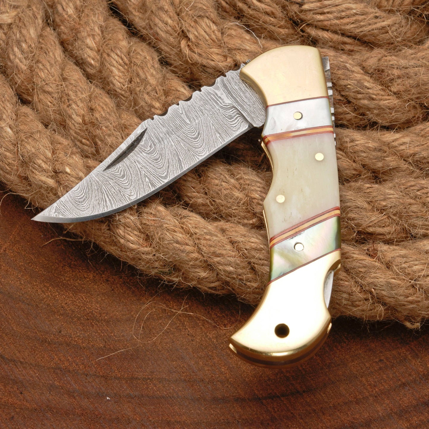 Handmade Damascus Steel Pocket Folding Knife With Real Pearl Bone And Pocket Clip