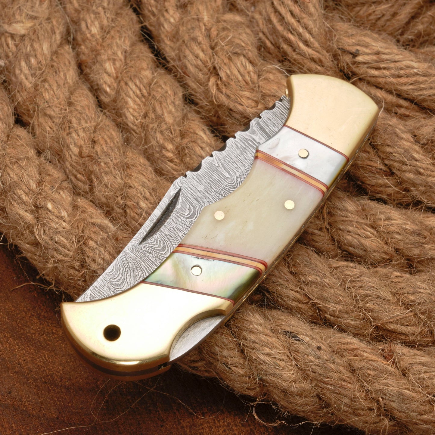 Handmade Damascus Steel Pocket Folding Knife With Real Pearl Bone And Pocket Clip