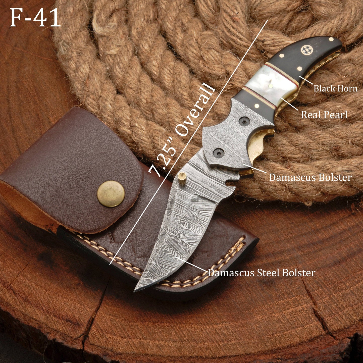 Damascus Steel Folding Pocket Knife - 7" Handmade Gift Knife with Horn & Pearl Handle - Camping Pocket Knife