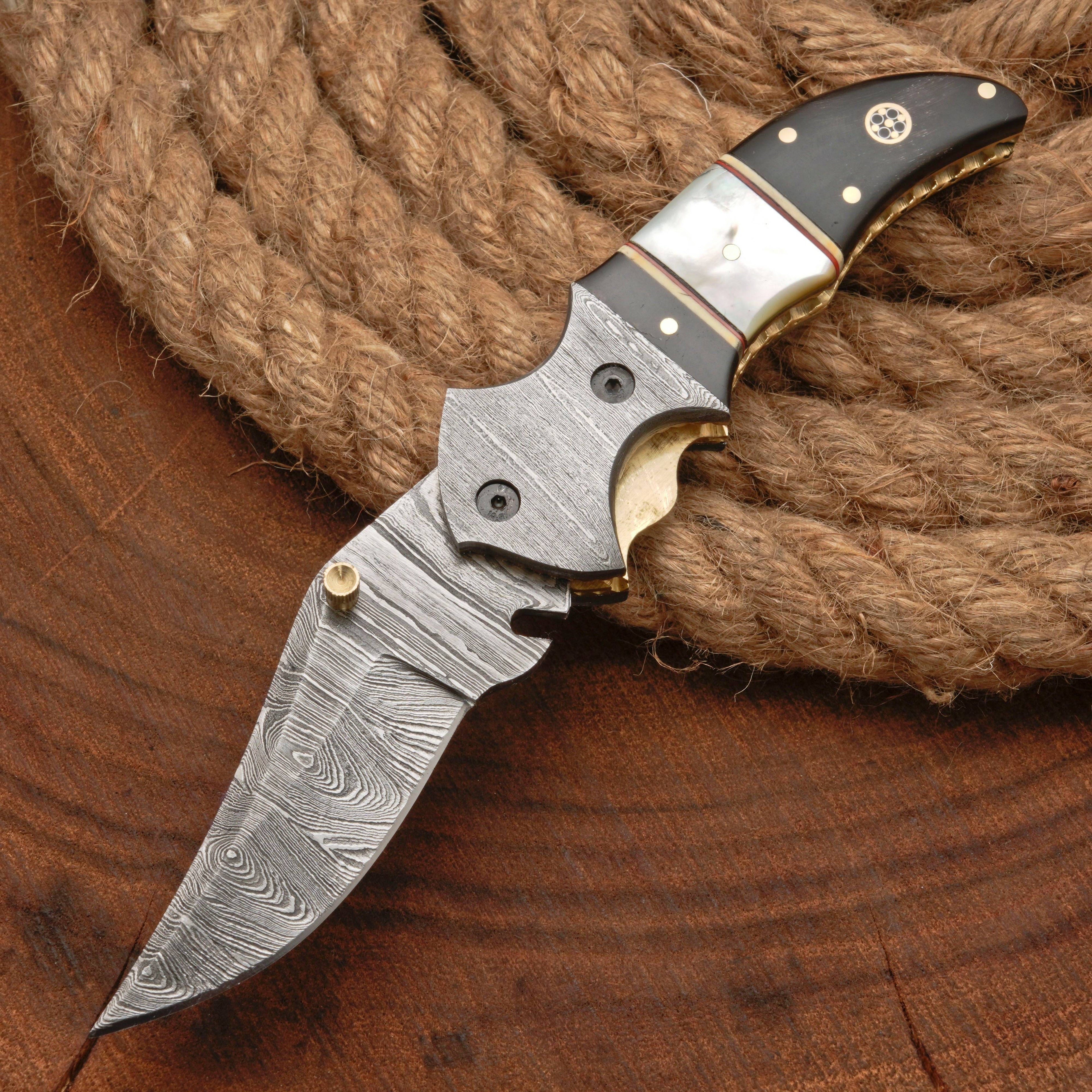 Damascus Steel Folding Pocket Knife - 7" Handmade Gift Knife with Horn & Pearl Handle - Camping Pocket Knife
