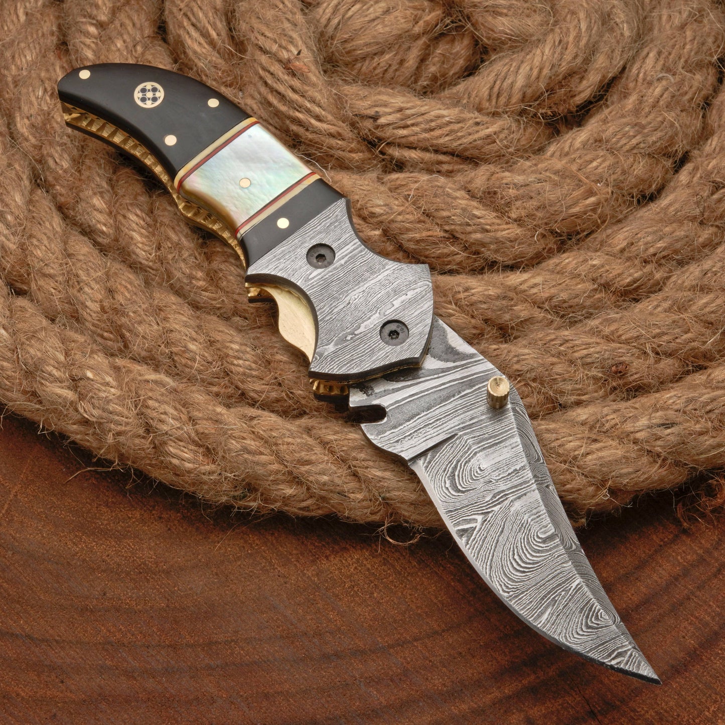 Damascus Steel Folding Pocket Knife - 7" Handmade Gift Knife with Horn & Pearl Handle - Camping Pocket Knife