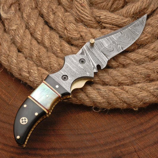 Damascus Steel Folding Pocket Knife - 7" Handmade Gift Knife with Horn & Pearl Handle - Camping Pocket Knife