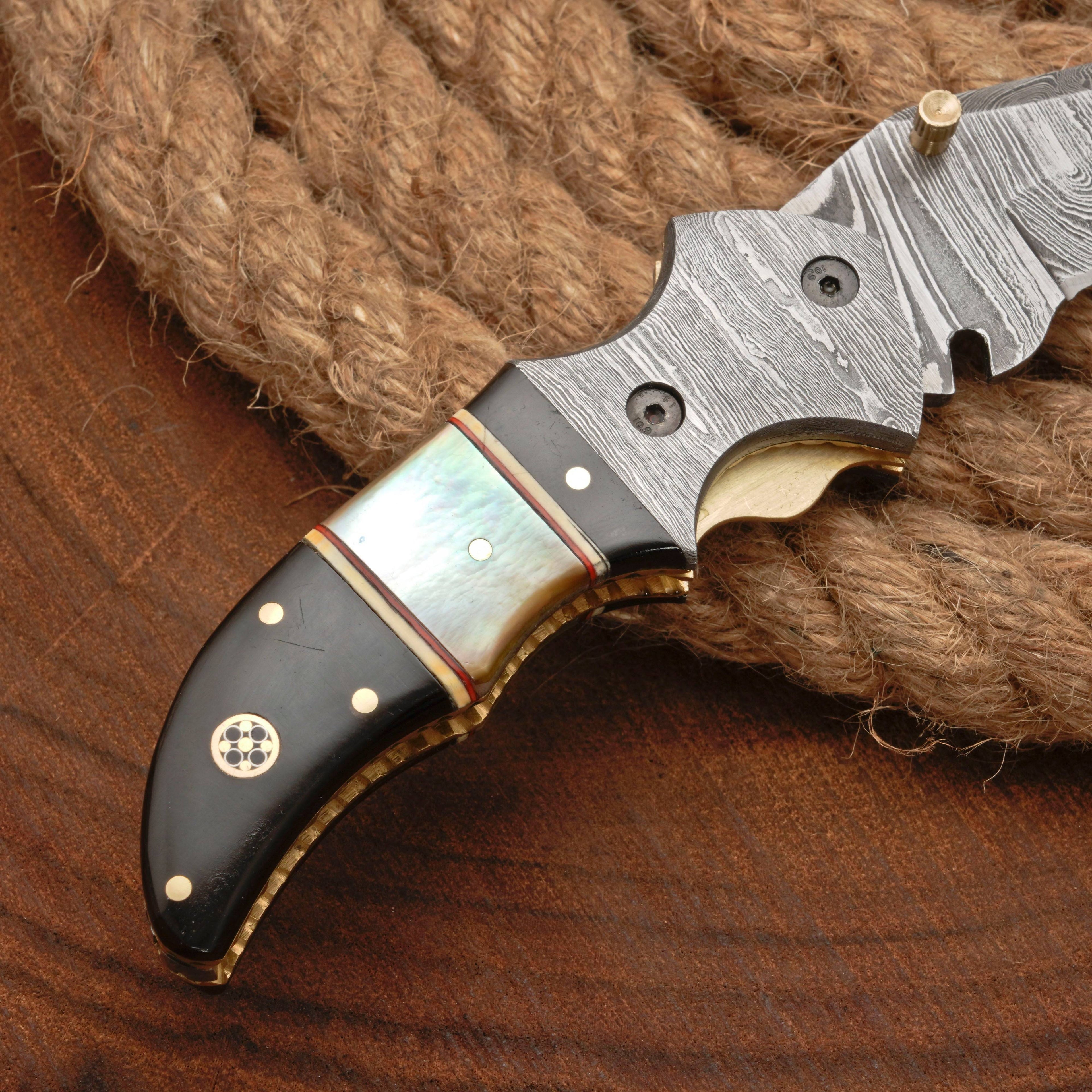 Damascus Steel Folding Pocket Knife - 7" Handmade Gift Knife with Horn & Pearl Handle - Camping Pocket Knife