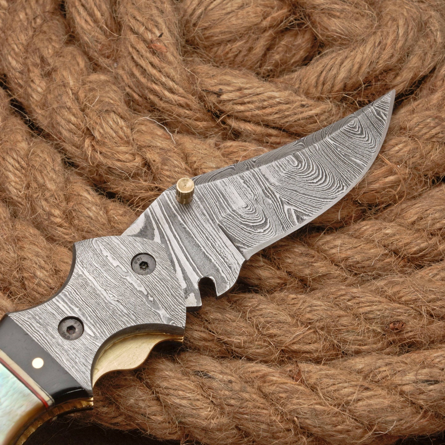 Damascus Steel Folding Pocket Knife - 7" Handmade Gift Knife with Horn & Pearl Handle - Camping Pocket Knife