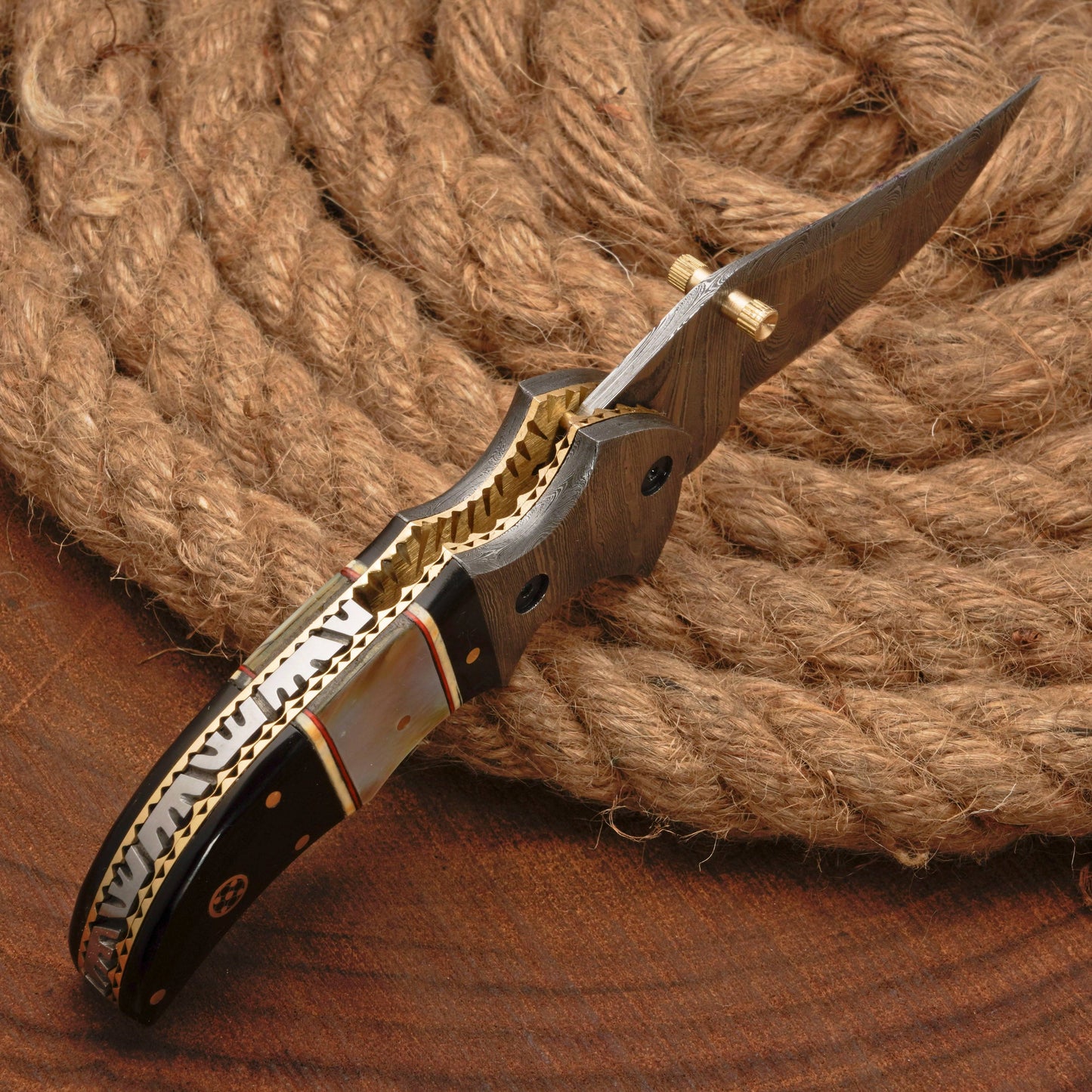 Damascus Steel Folding Pocket Knife - 7" Handmade Gift Knife with Horn & Pearl Handle - Camping Pocket Knife