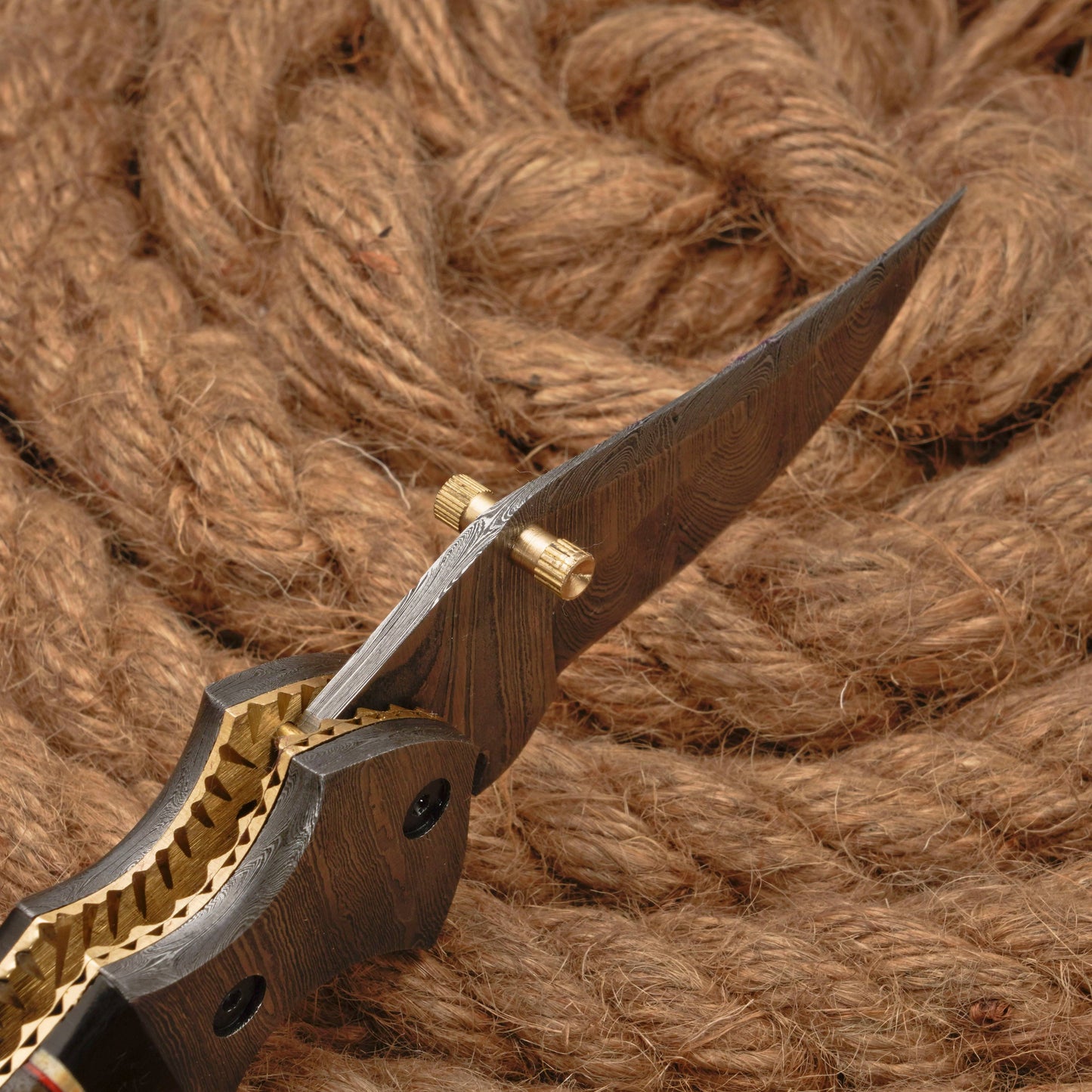 Damascus Steel Folding Pocket Knife - 7" Handmade Gift Knife with Horn & Pearl Handle - Camping Pocket Knife