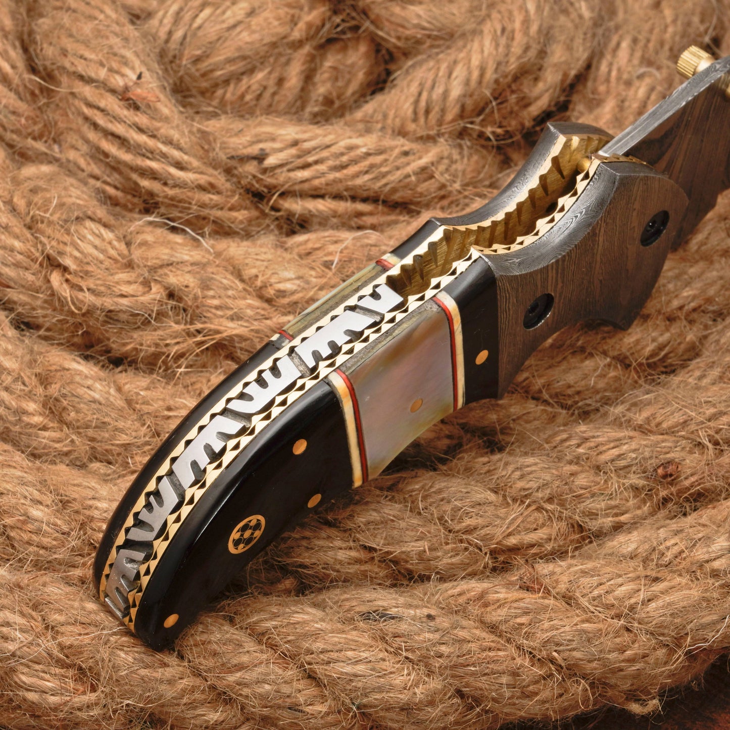Damascus Steel Folding Pocket Knife - 7" Handmade Gift Knife with Horn & Pearl Handle - Camping Pocket Knife