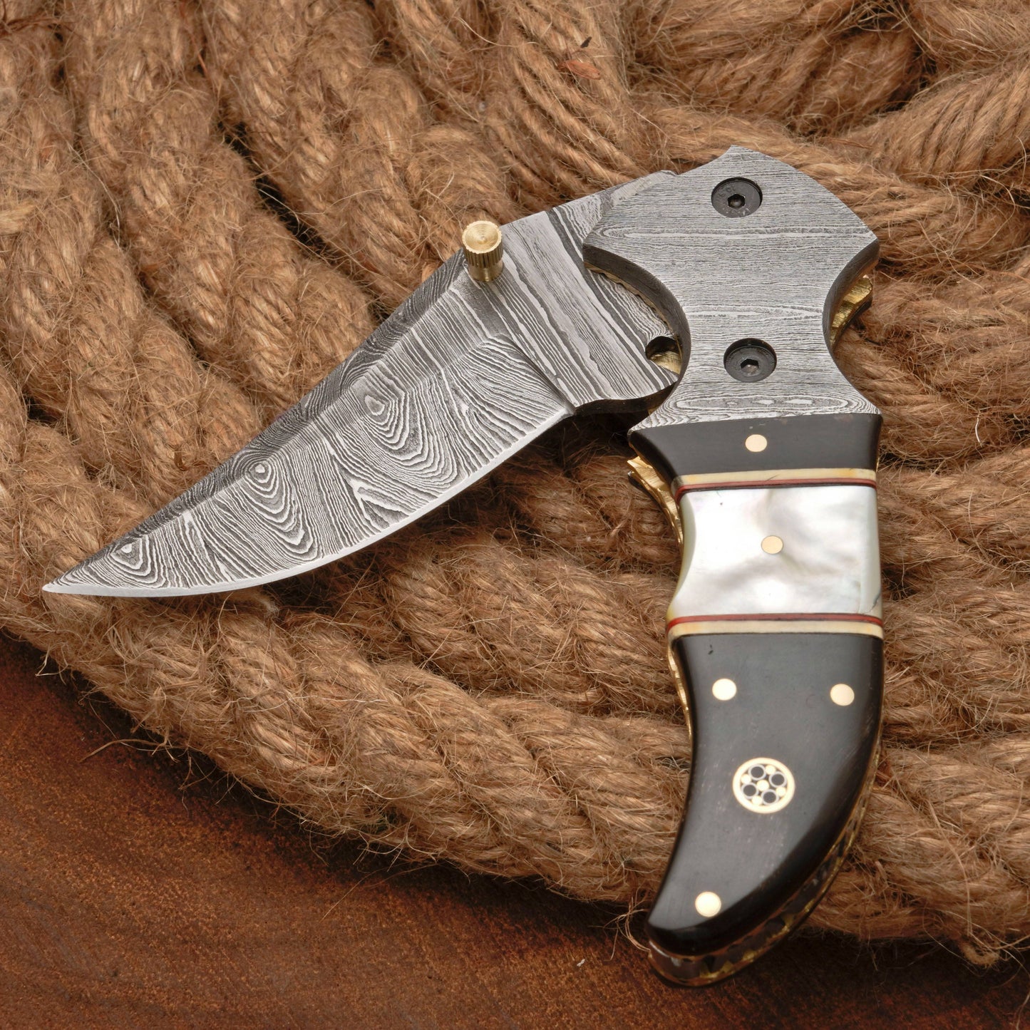Damascus Steel Folding Pocket Knife - 7" Handmade Gift Knife with Horn & Pearl Handle - Camping Pocket Knife