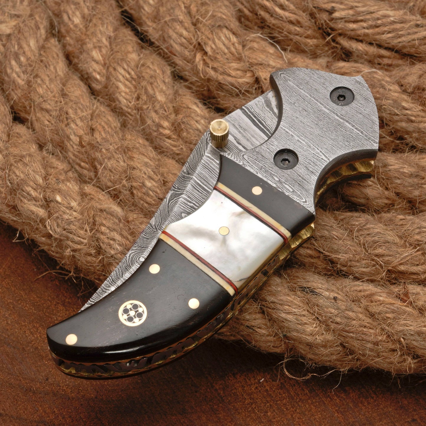 Damascus Steel Folding Pocket Knife - 7" Handmade Gift Knife with Horn & Pearl Handle - Camping Pocket Knife