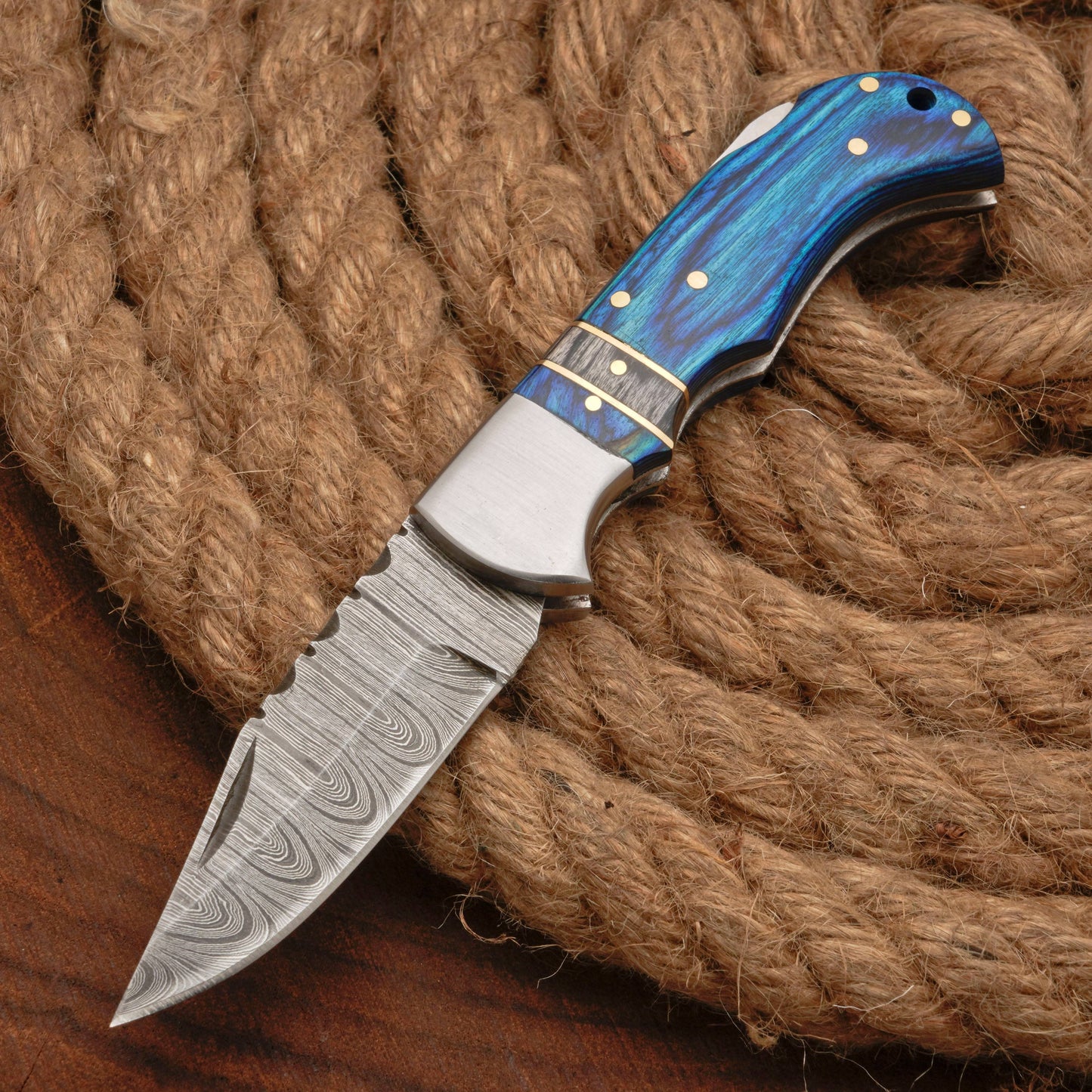 Handmade Damascus Steel Hunting Pocket Knife Camping Folding Blade With Wood Handle