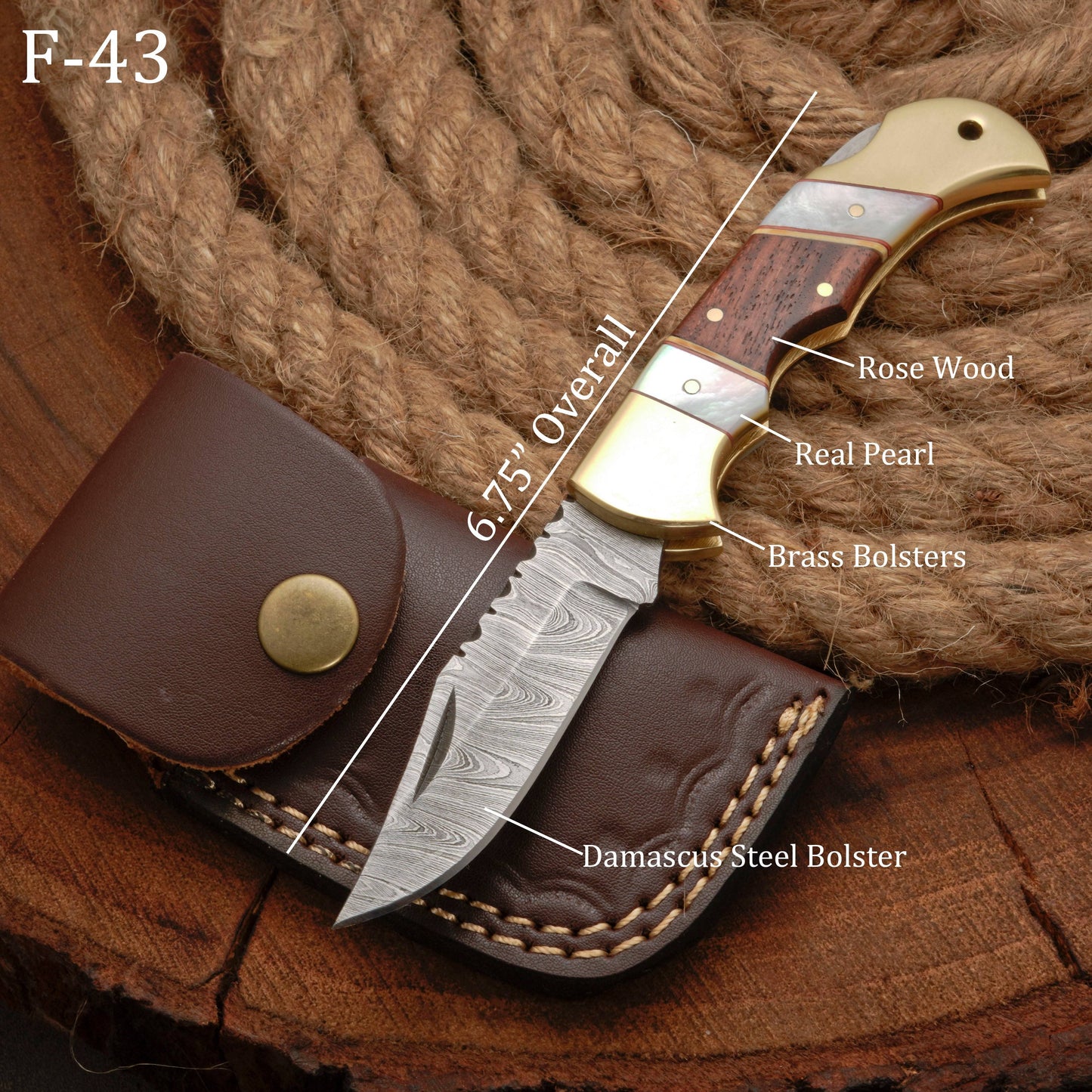 Handmade Damascus Steel Hunting Folding Pocket Knife - Brass Bolster - Pearl & Wood Handle