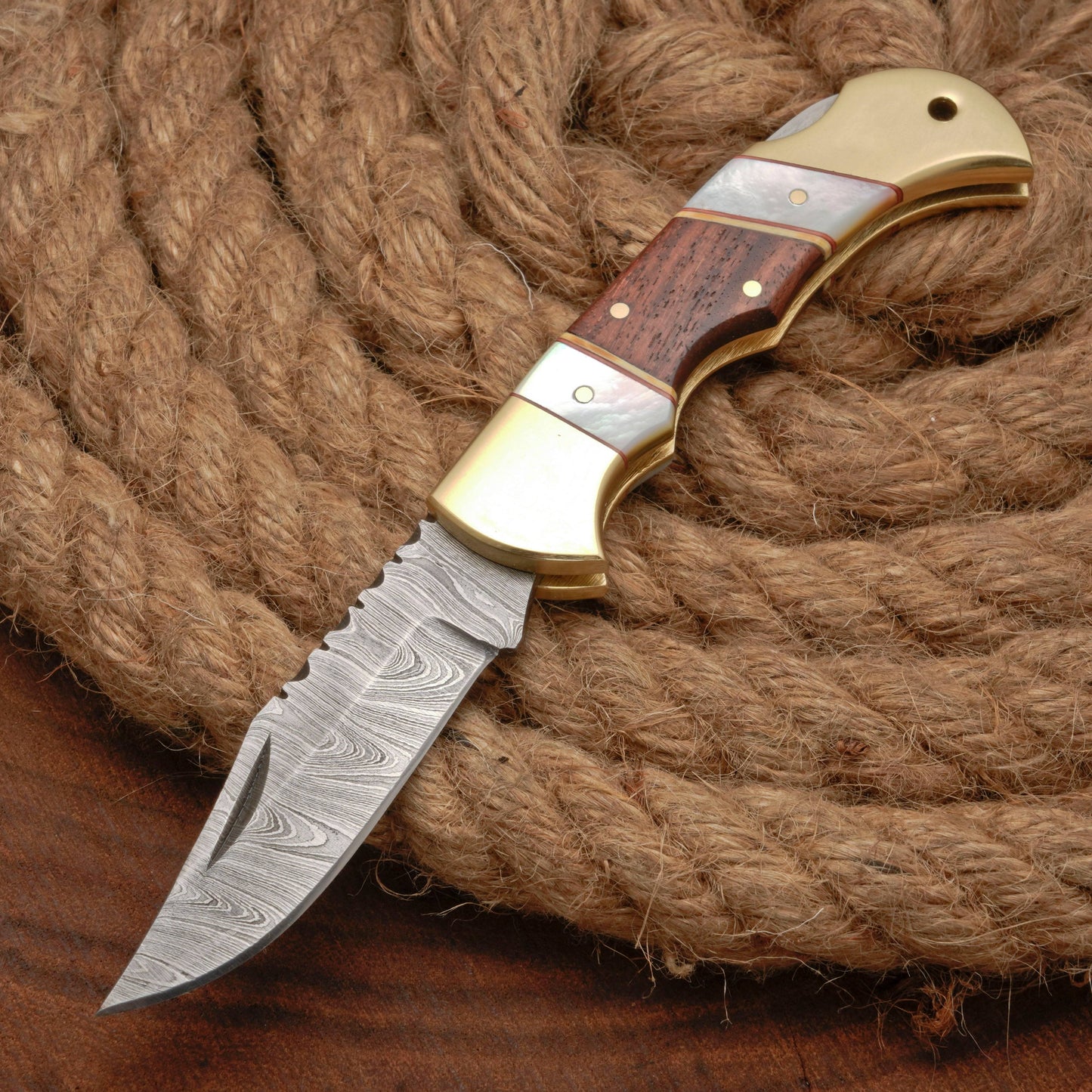 Handmade Damascus Steel Hunting Folding Pocket Knife - Brass Bolster - Pearl & Wood Handle