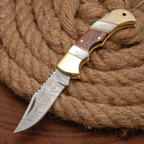 Handmade Damascus Steel Hunting Folding Pocket Knife - Brass Bolster - Pearl & Wood Handle