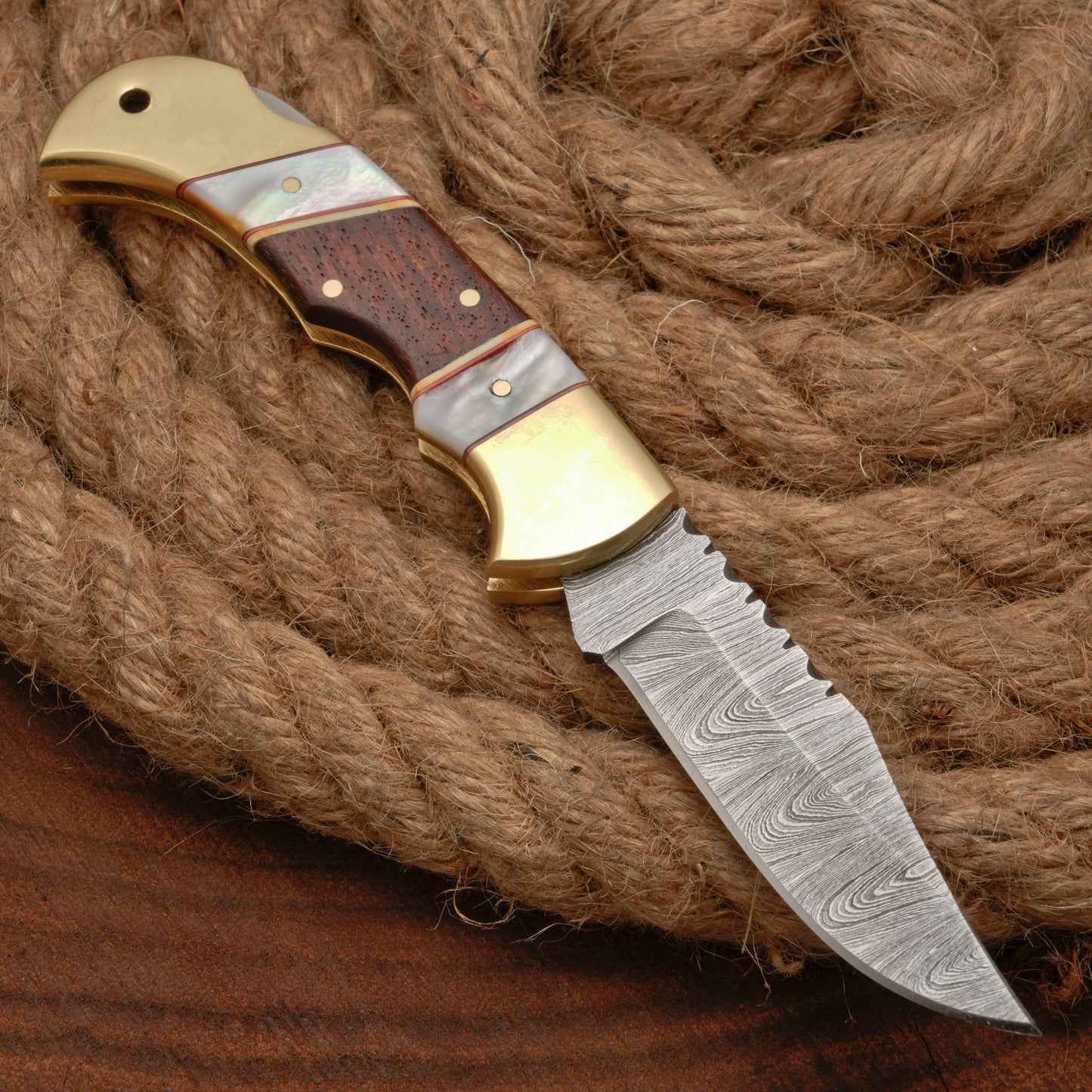 Handmade Damascus Steel Hunting Folding Pocket Knife - Brass Bolster - Pearl & Wood Handle