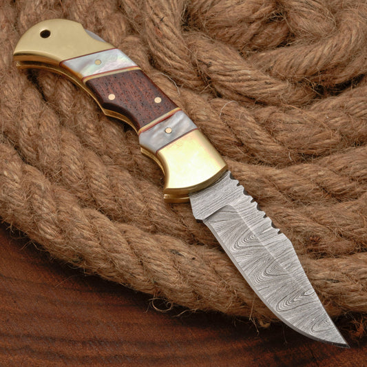 Handmade Damascus Steel Hunting Folding Pocket Knife - Brass Bolster - Pearl & Wood Handle
