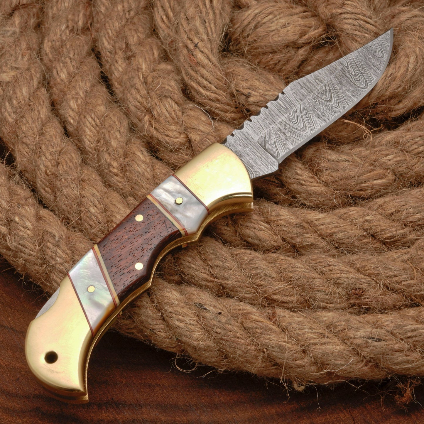 Handmade Damascus Steel Hunting Folding Pocket Knife - Brass Bolster - Pearl & Wood Handle