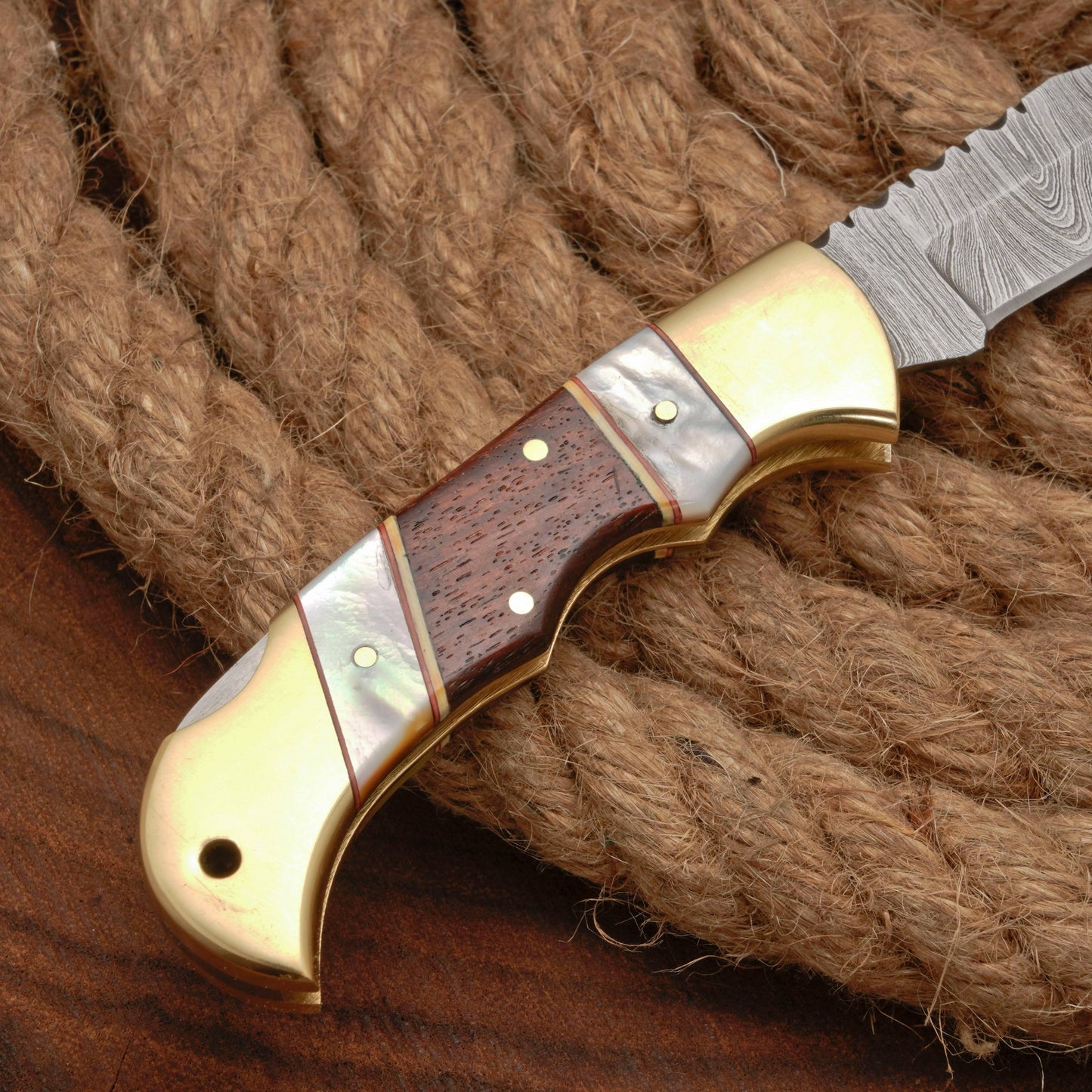 Handmade Damascus Steel Hunting Folding Pocket Knife - Brass Bolster - Pearl & Wood Handle