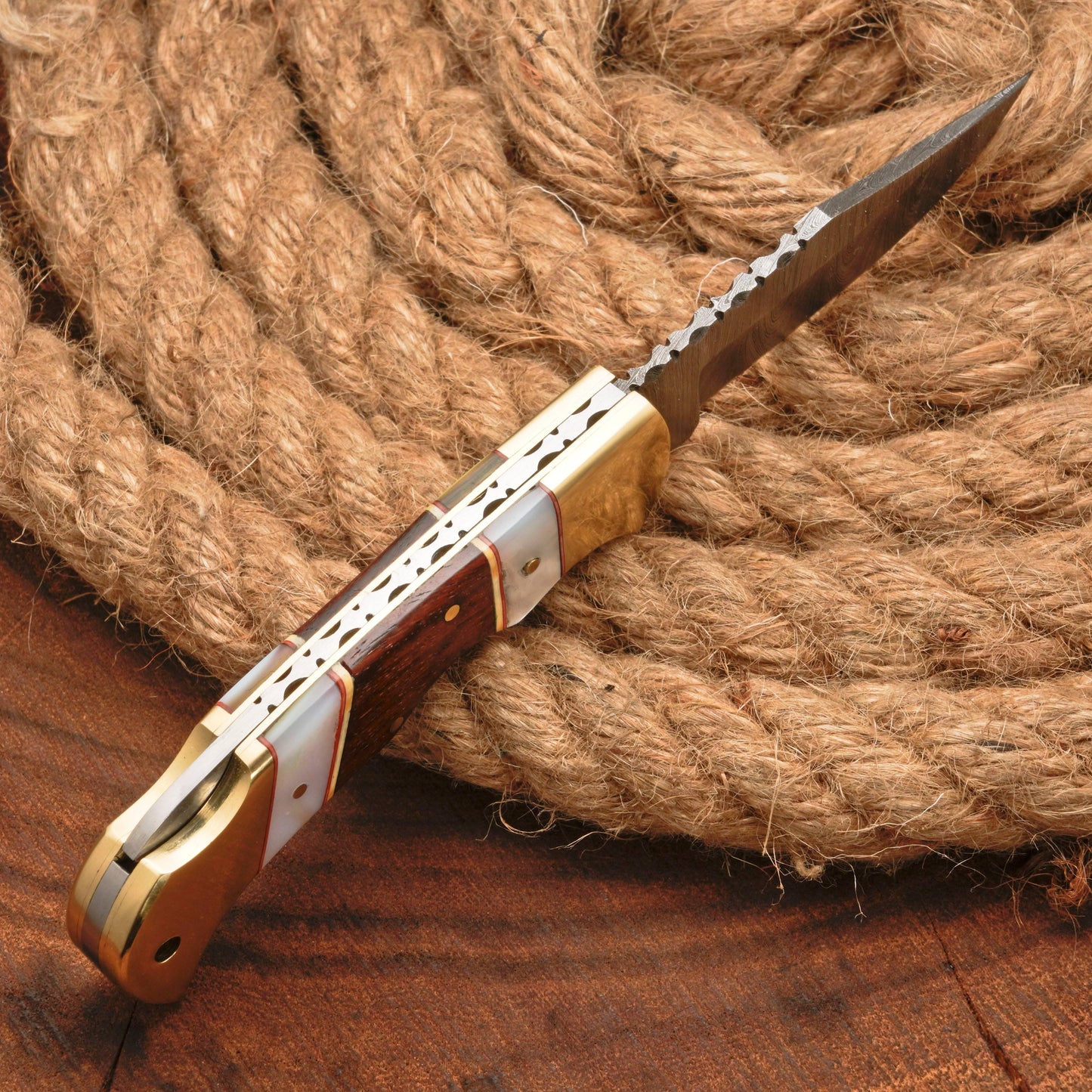 Handmade Damascus Steel Hunting Folding Pocket Knife - Brass Bolster - Pearl & Wood Handle