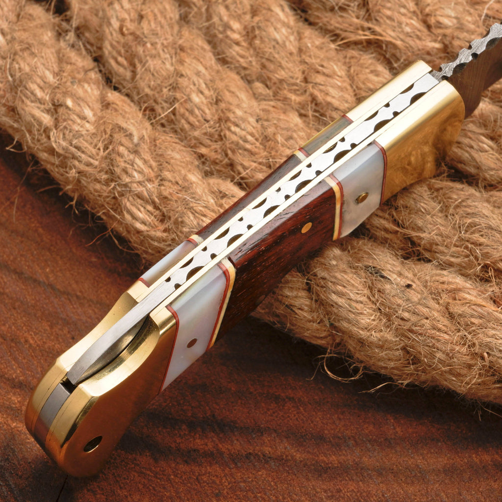 Handmade Damascus Steel Hunting Folding Pocket Knife - Brass Bolster - Pearl & Wood Handle