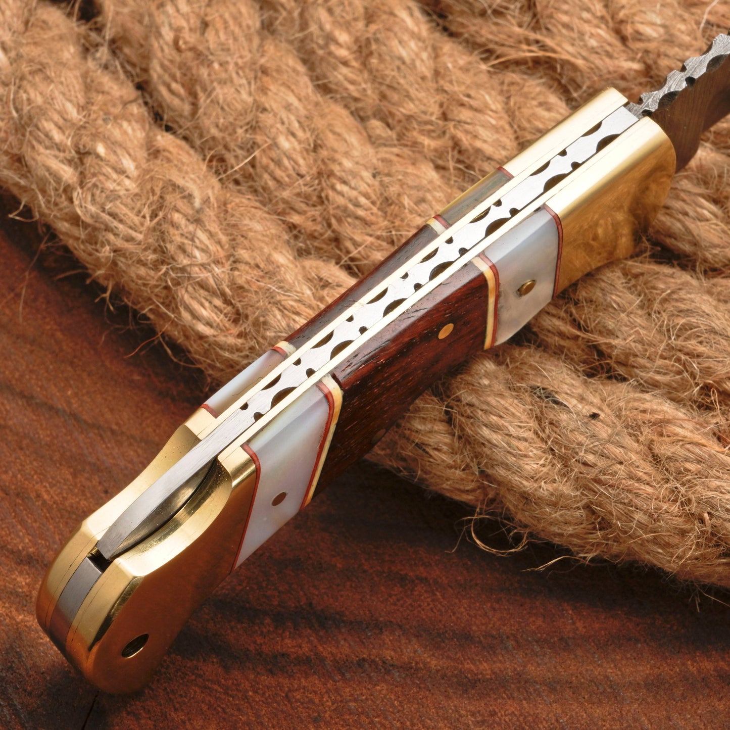 Handmade Damascus Steel Hunting Folding Pocket Knife - Brass Bolster - Pearl & Wood Handle