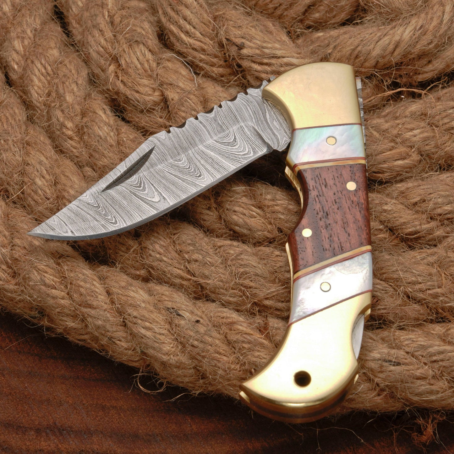 Handmade Damascus Steel Hunting Folding Pocket Knife - Brass Bolster - Pearl & Wood Handle
