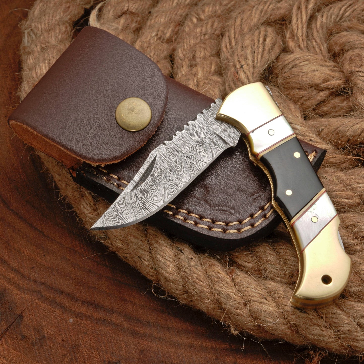 Handmade Damascus Pocket Knife - 6.5'' Back Lock Folding Knife Pearl & Horn Handle - Camping Knife
