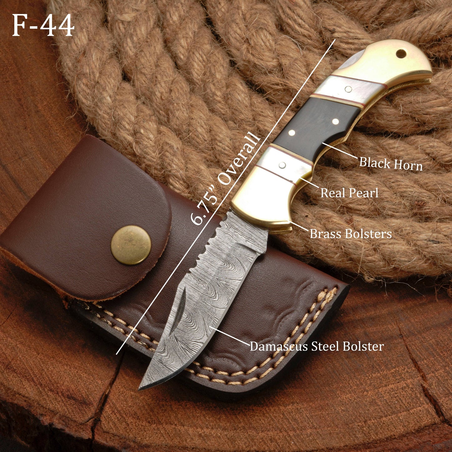 Handmade Damascus Pocket Knife - 6.5'' Back Lock Folding Knife Pearl & Horn Handle - Camping Knife