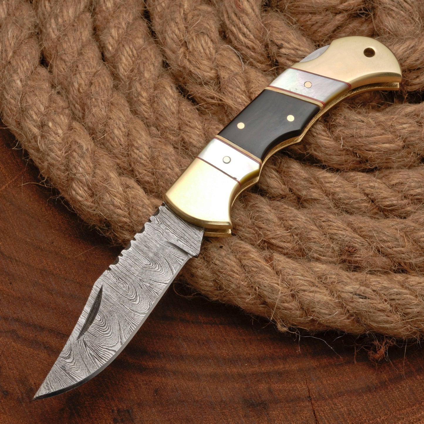 Handmade Damascus Pocket Knife - 6.5'' Back Lock Folding Knife Pearl & Horn Handle - Camping Knife
