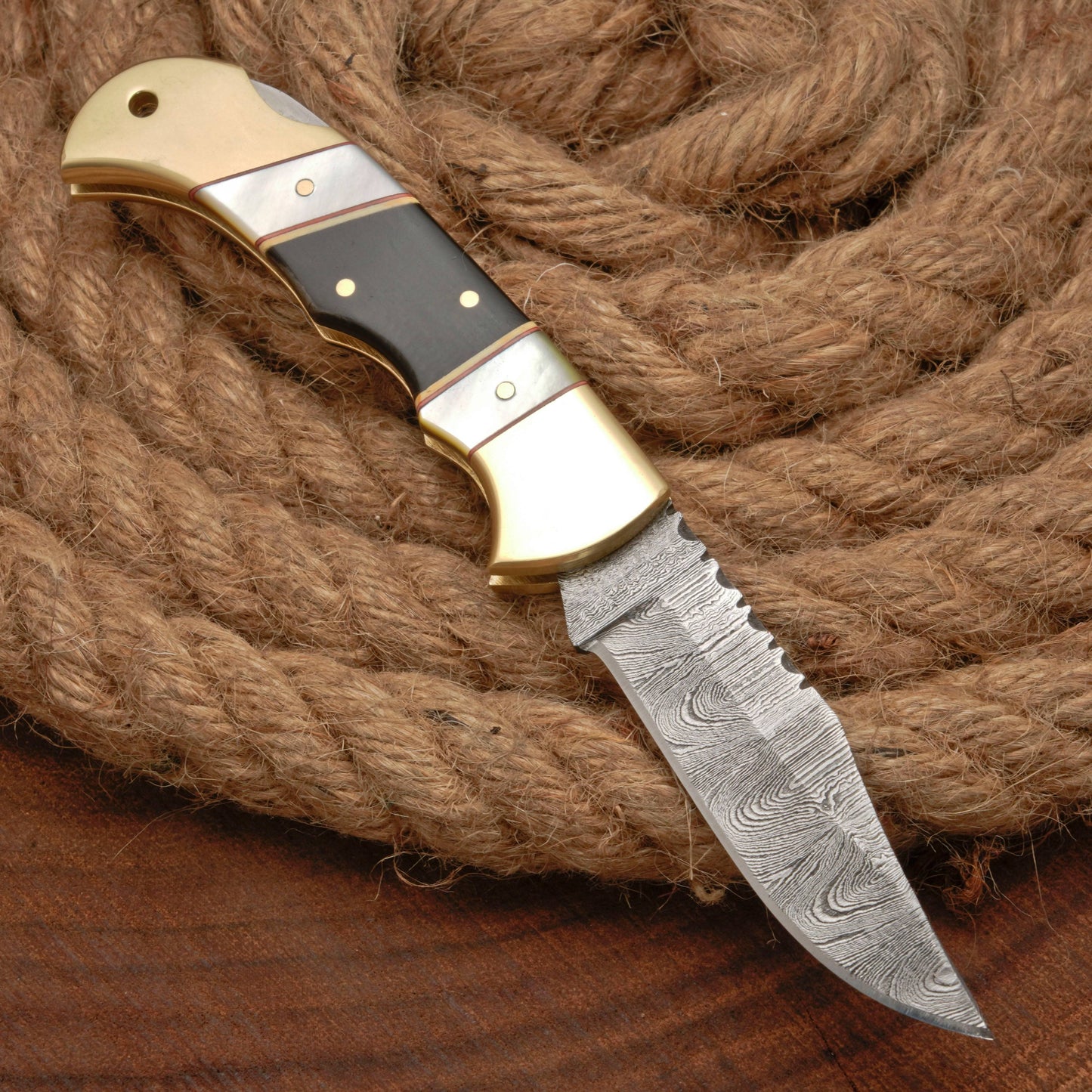 Handmade Damascus Pocket Knife - 6.5'' Back Lock Folding Knife Pearl & Horn Handle - Camping Knife