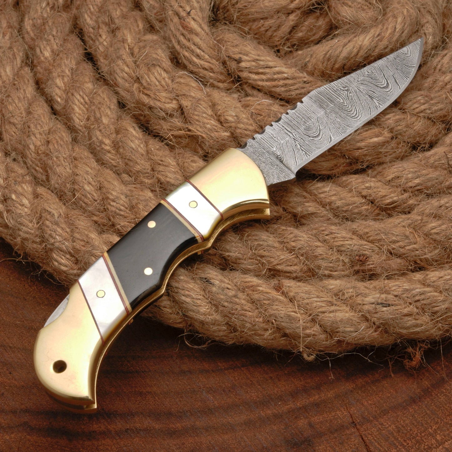 Handmade Damascus Pocket Knife - 6.5'' Back Lock Folding Knife Pearl & Horn Handle - Camping Knife