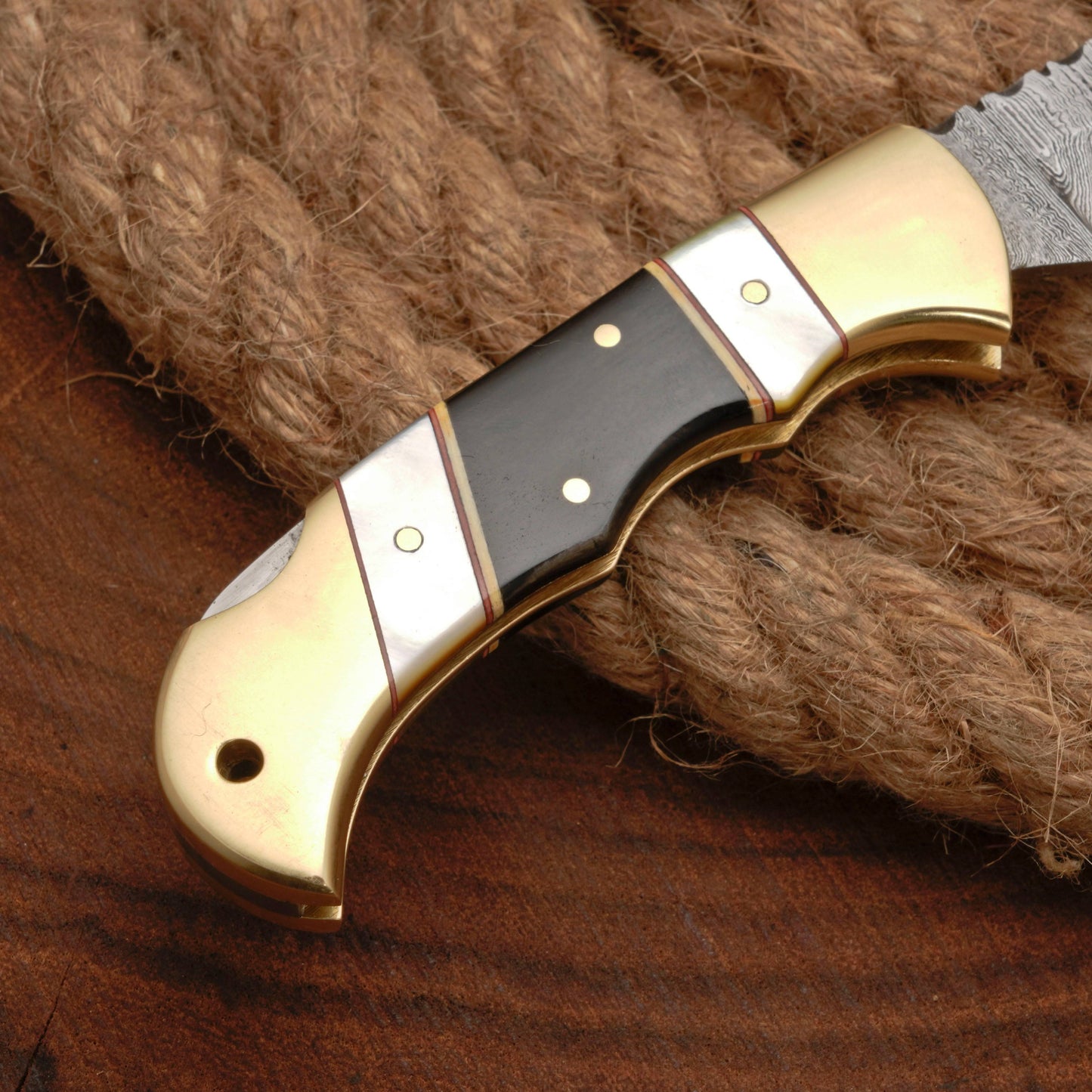 Handmade Damascus Pocket Knife - 6.5'' Back Lock Folding Knife Pearl & Horn Handle - Camping Knife