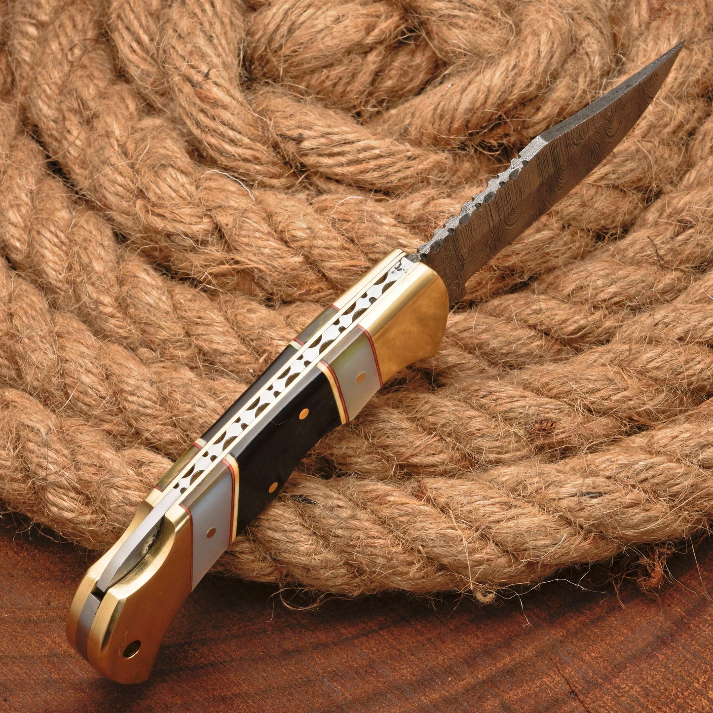 Handmade Damascus Pocket Knife - 6.5'' Back Lock Folding Knife Pearl & Horn Handle - Camping Knife