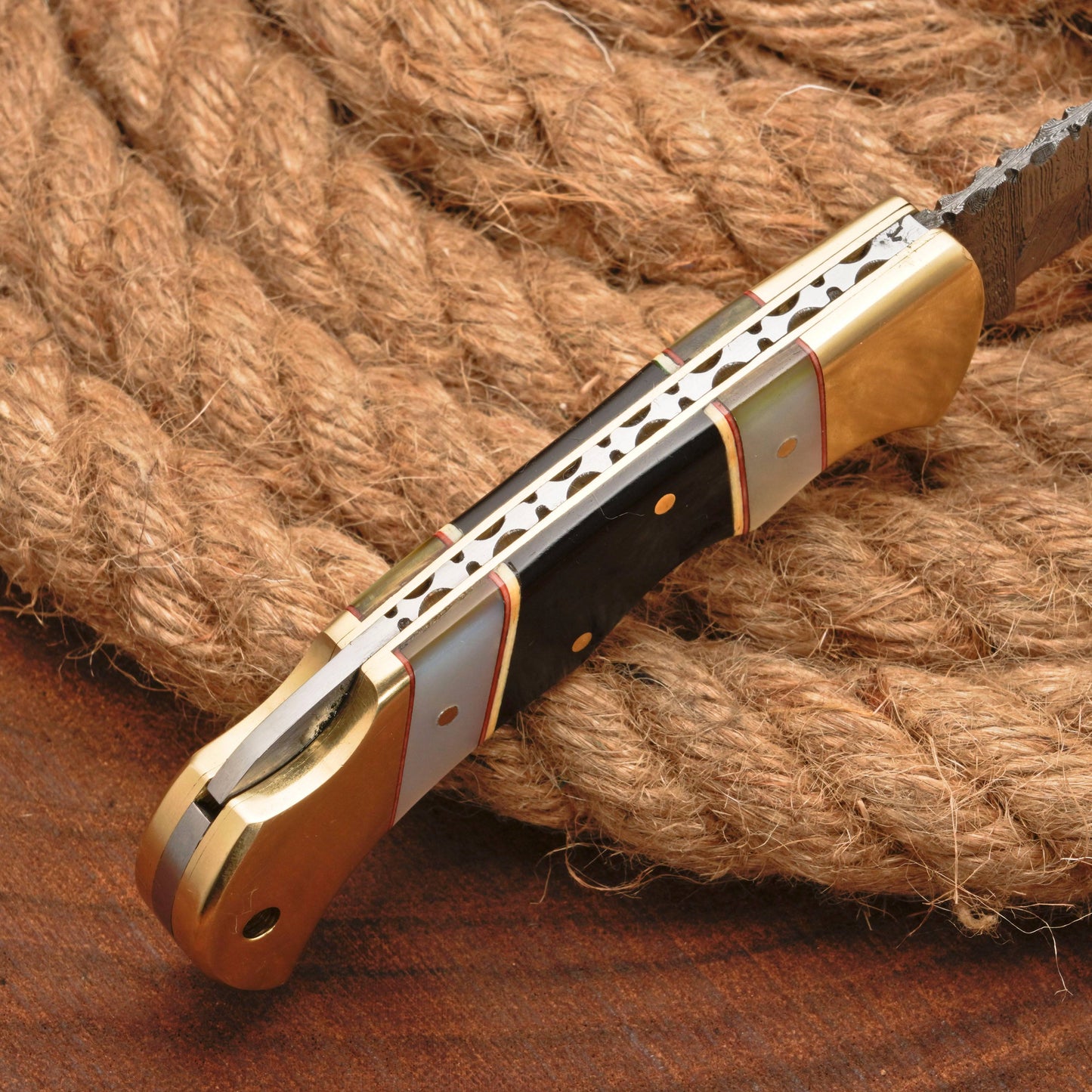 Handmade Damascus Pocket Knife - 6.5'' Back Lock Folding Knife Pearl & Horn Handle - Camping Knife