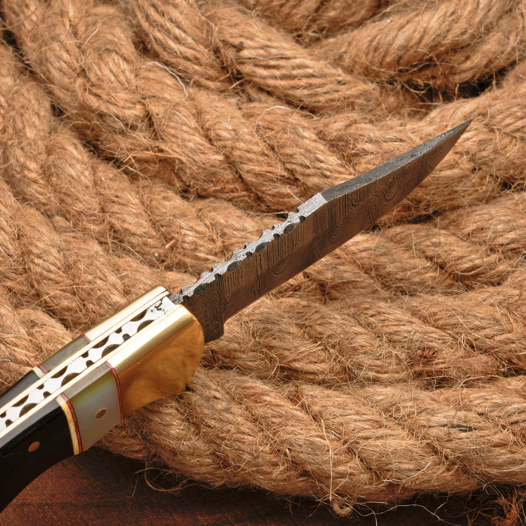 Handmade Damascus Pocket Knife - 6.5'' Back Lock Folding Knife Pearl & Horn Handle - Camping Knife
