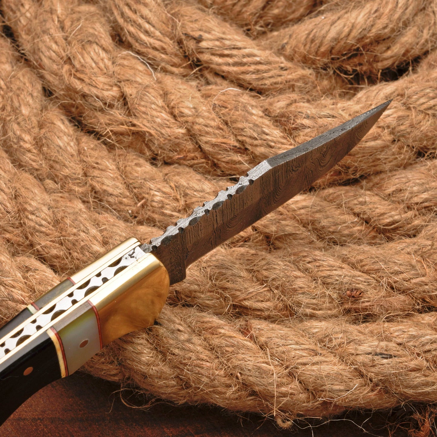 Handmade Damascus Pocket Knife - 6.5'' Back Lock Folding Knife Pearl & Horn Handle - Camping Knife