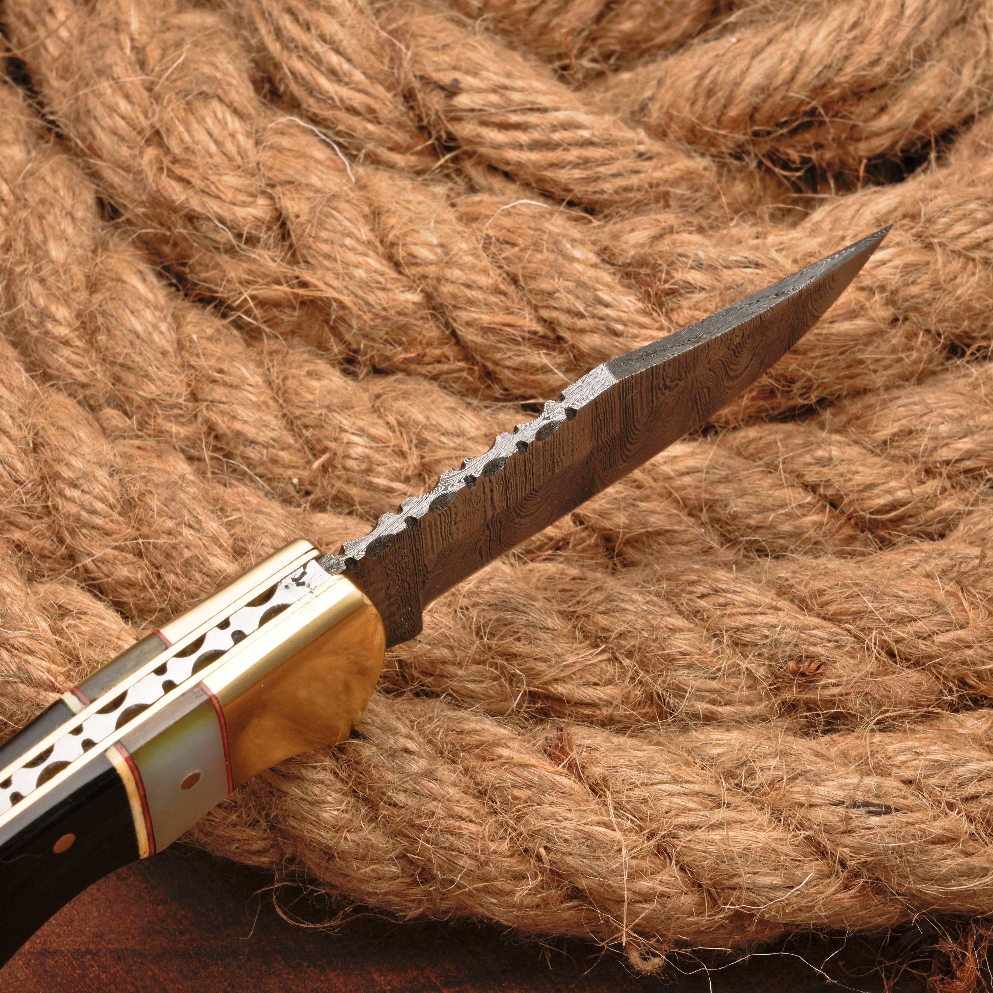 Handmade Damascus Pocket Knife - 6.5'' Back Lock Folding Knife Pearl & Horn Handle - Camping Knife