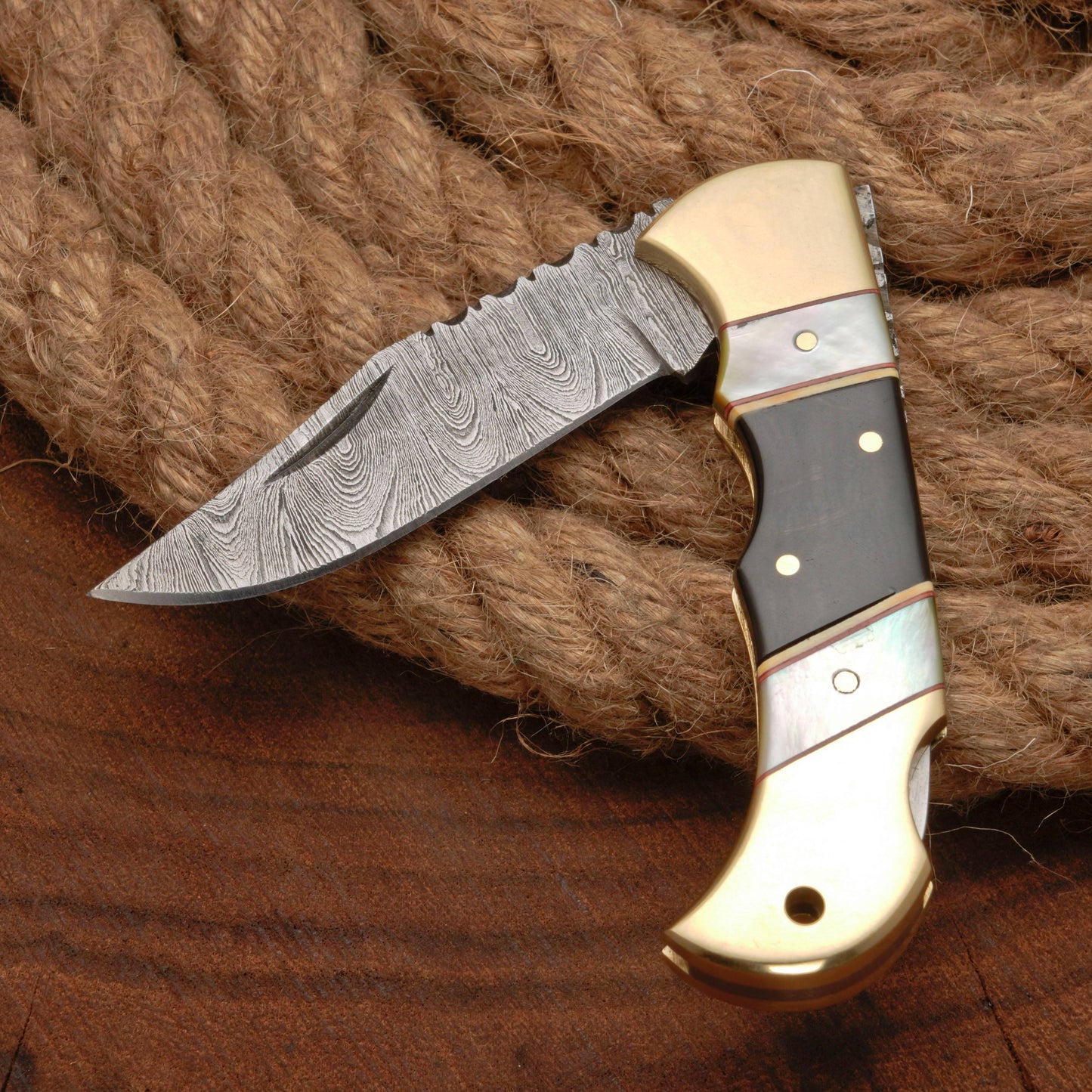Handmade Damascus Pocket Knife - 6.5'' Back Lock Folding Knife Pearl & Horn Handle - Camping Knife
